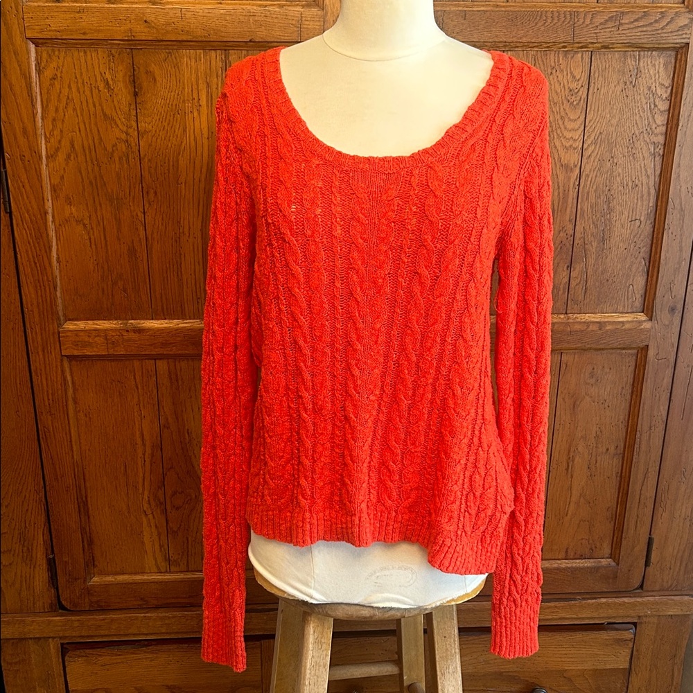 LUCKY BRAND🍁Vibrant Coral Cable Knit Scoop Neck Sweater Size Medium